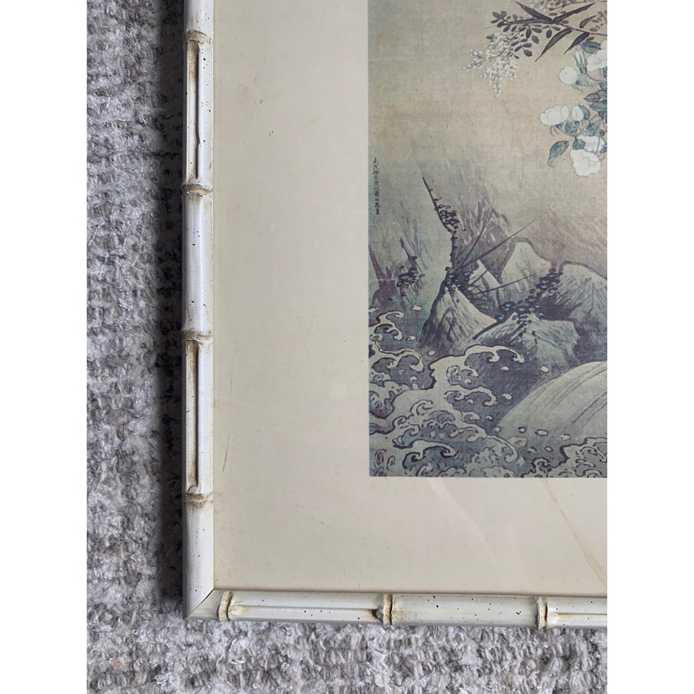 Vintage Chinoiserie Bird Bamboo Print White Faux Bamboo Frame Hollywood Regency - Picture 11 of 12